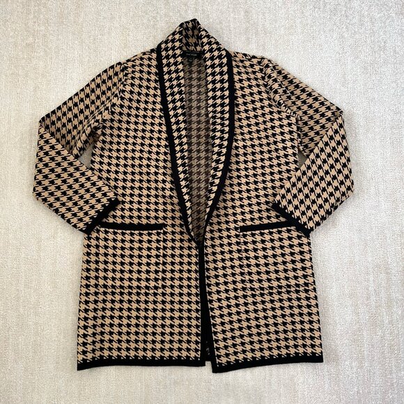 Ann Taylor Houndstooth Shawl Collar Long Cardigan Sweater Knit Jacket L - Picture 1 of 9